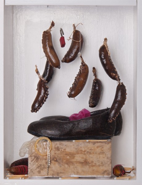 "Ni�as Inocentes"
Zapatos- soporte de papel-tratados con c�scara de banano, condomes,cerillas de f�sforo,candado.
2010
Tematiza la violencia sexual contra ni�os.


